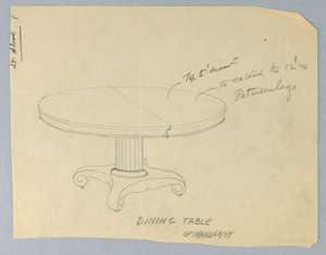 Tekening, Ontwerp voor een ronde eettafel van mahoniehout op rolachtige poten